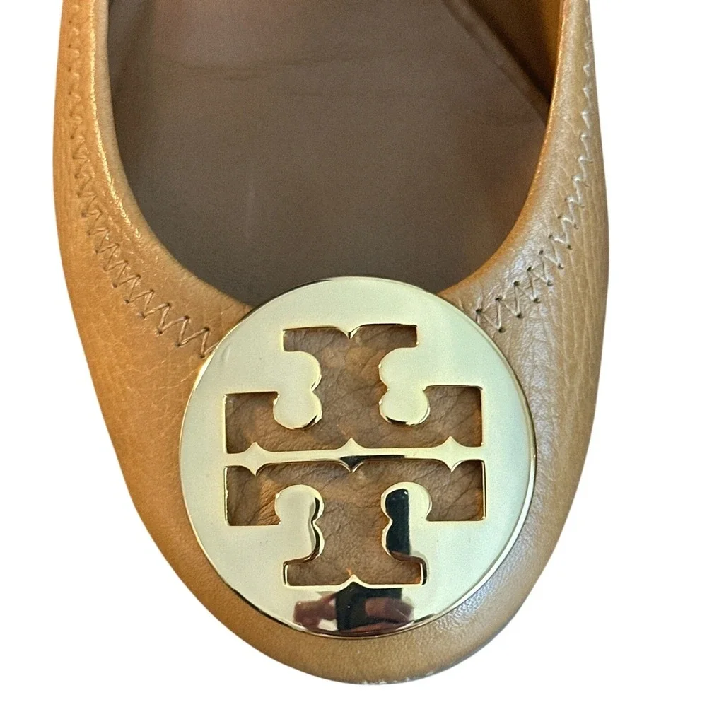 Tory Burch Sally 2 Wedge Pumps Tan Brown Leather Gold Logo Size 7